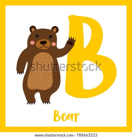 Cute children ABC animal zoo alphabet B letter flashcard of Standing Bear raising hand for kids learning English vocabulary. Vector illustration.