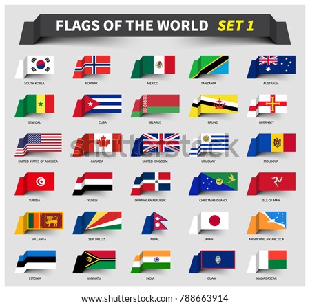 All flags of the world set 1 . Waving ribbon style . 