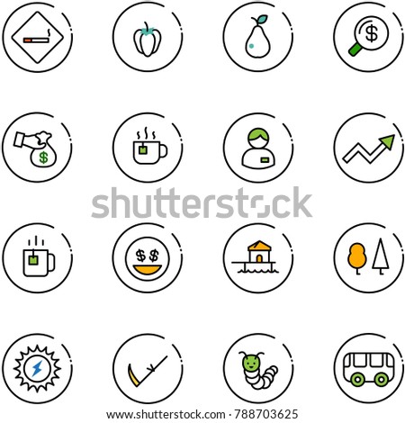 line vector icon set - smoking area sign vector, sweet pepper, pear, money search, encashment, hot tea, manager, growth arrow, green, smile, bungalow, forest, sun power, scythe, toy caterpillar, bus