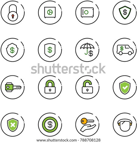 line vector icon set - lock vector, safe, insurance, encashment car, key, locked, unlocked, shield check, cross, dollar, hand, protect glass