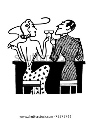 Couple Having Cocktails In Club - Retro Clipart Illustration