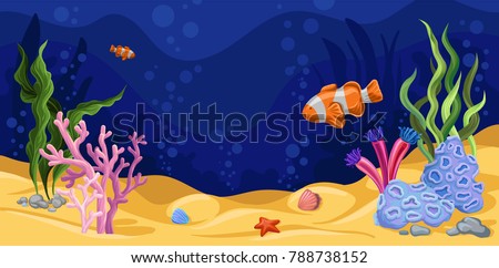 Beautiful underwater scene with seaweed, marine life vector illustration, design element for poster or banner