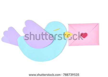 Bird with love letter paper cut on white background - isolated