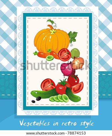 Abstract blue food background, Vegetable vector illustration in retro style