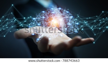 Businessman using digital x-ray human brain interface with cell and neurons activity 3D rendering Royalty-Free Stock Photo #788743663