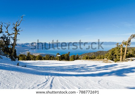 Famous Lake Tahoe winter landscape seen from ski resort