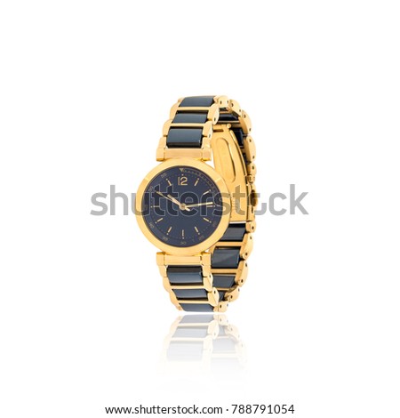 Mechanical golden women's watch isolated on white background.