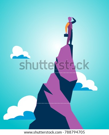 Salesman, businessman reached a mountain peak and tries to see beyond the horizon - vector 