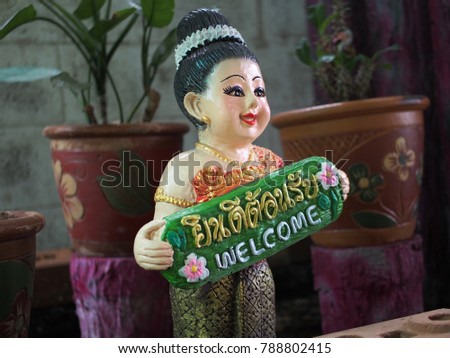 Thai doll girl welcome sign, for interior and exterior coffee cafe ,restaurant and house. 