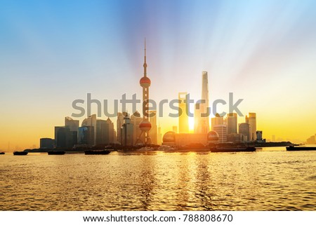 Shanghai morning panorama before sunrise with city skyline and colorful sky over Huangpu River
