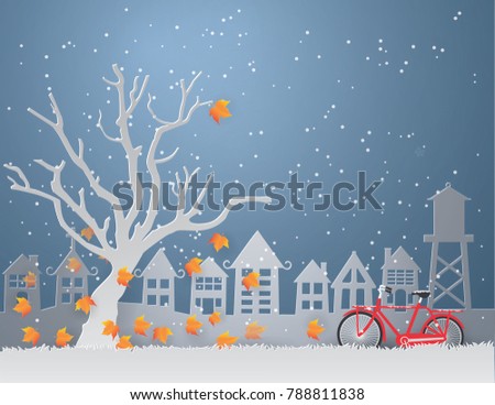 Illustration of winter season with 
Orange leaves fall from trees in the middle of the garden and snow is falling,paper art Vector