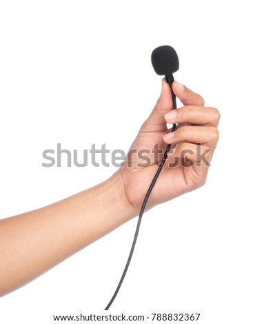 hand holding Microphone lapel or lavalier isolated on white background
