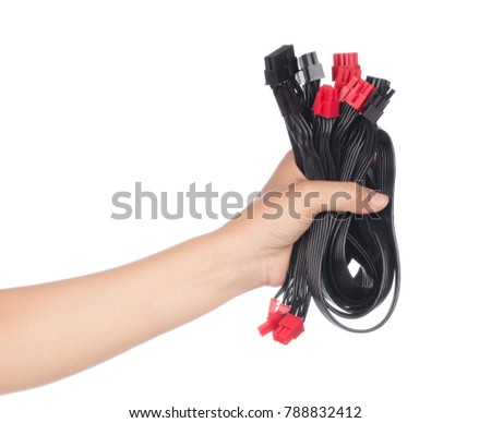 hand holding power cable 30cm dual PSU power supply 8 pin isolated on a white background