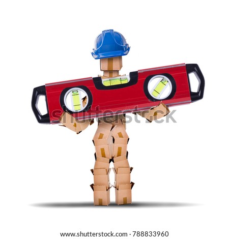 Box character workman with hard hat and holding a large spirit level tool. Worker and tool isolated concept artwork on a white background with copy space