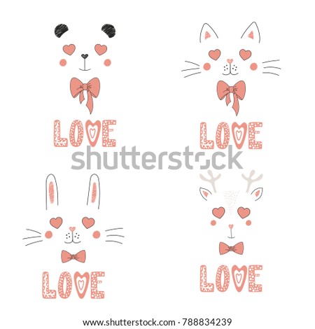 Set of hand drawn portraits of cute funny animals with heart shaped eyes, romantic quotes. Isolated objects on white background. Vector illustration. Design concept for children, Valentines day card.