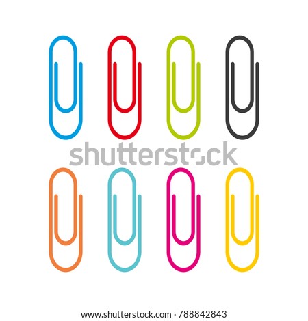 Vector fasteners on the isolated white background. Paper clip. Office set. School set. Colorful. Icon of fastener. Plastic. Stationery.
