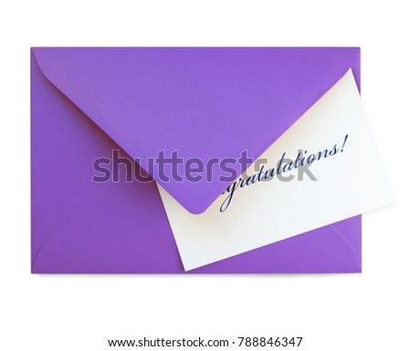 Congratulations card and purple envelope. Greeting card with congrats, isolated on white background.