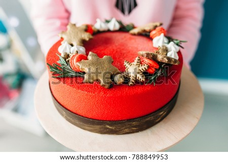 Girl hands holding a beautiful Christmas cake, Christmas cake, custom