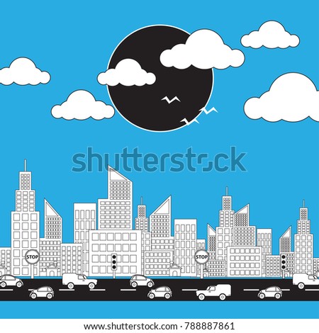 Traffic City with skyscraper, sun, cloud, cars, trucks and road. Outline theme with blue background.