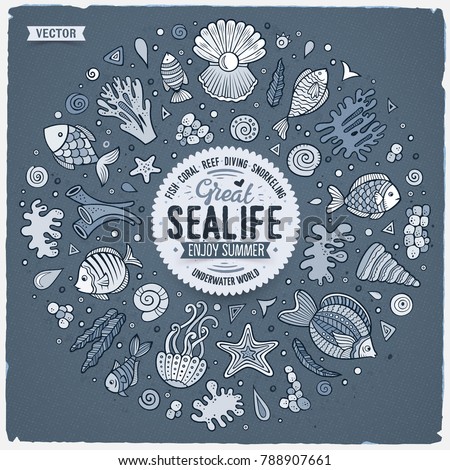 Vector hand drawn set of Sealife cartoon doodle objects, symbols and items. Round frame composition