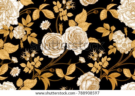 Roses, flowers, leaves, branches and berries of dog rose. Floral vintage seamless pattern. Gold, lack and white. Oriental style. Vector illustration art. For design textiles, paper, wallpaper. Royalty-Free Stock Photo #788908597