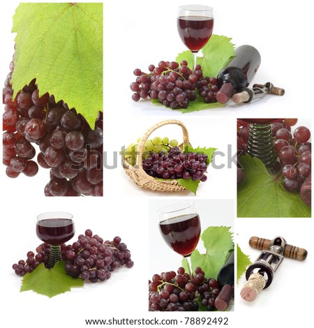 Red wine collage including pictures of grapes an grapeleafs