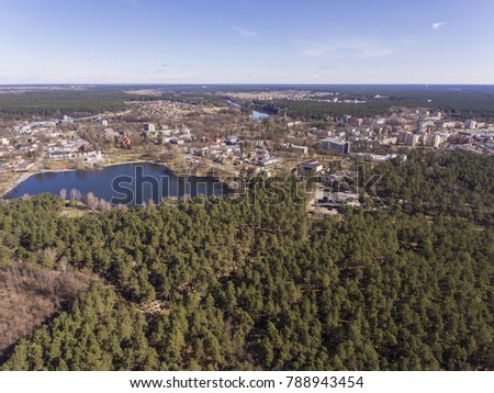 Aerial view over resort city Druskininkai, Lithuania. During early spring daytime.