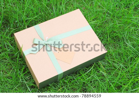 Gift box made from recycle paper on green grass with environment friendly