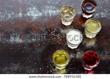 Selection of alcoholic drinks. Set of wine, brandy, liqueur, tincture, cognac, whiskey in glasses. Large variety of alcohol and spirits for making cocktails and drink. Copy space for text