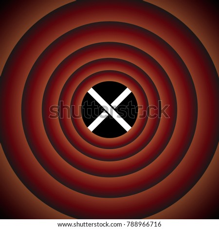 An image of a red grunge x. Vector. White icon on black circle in gradient rings.