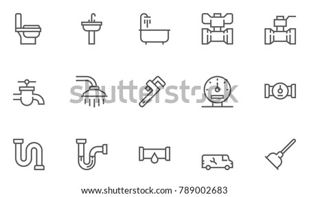 Plumbing and Sanitary Equipment Line Icons contains Toilet, Sink, Bathtub, Pipe, Water Meter and more. Editable Stroke. 48x48 Pixel Perfect. Royalty-Free Stock Photo #789002683