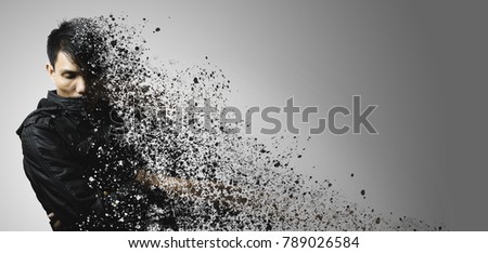 dispersion effect of asian man with leather cloth body shattering Royalty-Free Stock Photo #789026584