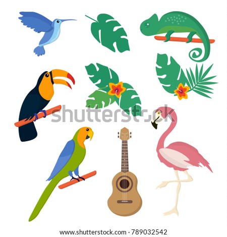 Summer tropical graphic elements. Parrot, toucan, colibri, chameleon and flamingo bird. Jungle floral illustrations, palm leaves, hibiscus, flowers.Hawaii guitar. Tropical set.Flat vector illustration