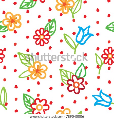 Floral seamless pattern with flowers and leaves over white background. Hand drawn fabric ornamental background. Floral line art decor design