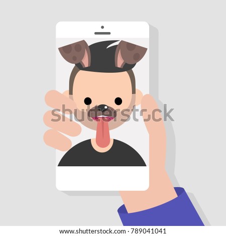Funny mobile app. Dog muzzle filter. Millennials using smart phones. Flat editable vector illustration, clip art