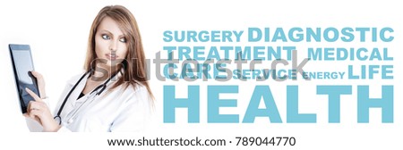 medical web banner concept with beautiful woman touching her notepad