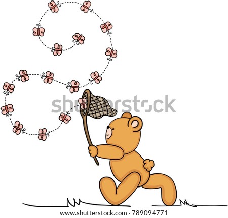 Teddy bear chasing butterflies
