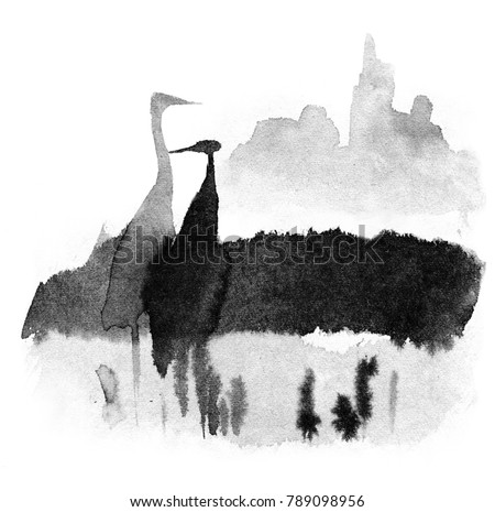 herons in the swamp stand in the water, birds against the background of the sun in the fog, traditional Chinese ink painting