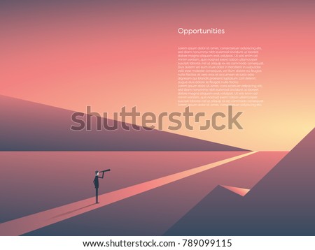 Business visionary vector concept with businessman visionary looking through telescope at horizon. Sunset landscape, symbol of opportunity, new beginning, start of career, job. Eps10 vector Royalty-Free Stock Photo #789099115
