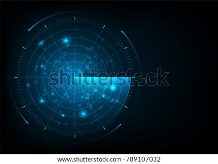 Digital blue realistic vector radar with targets on monitor  in searching. Air search . Military search system . Navigation interface wallpaper . Navy sonar. Royalty-Free Stock Photo #789107032