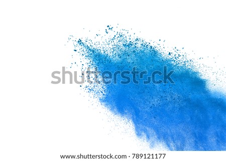 Blue sky powder explosion on white background. Colored cloud. Colorful dust explode. Paint Holi.