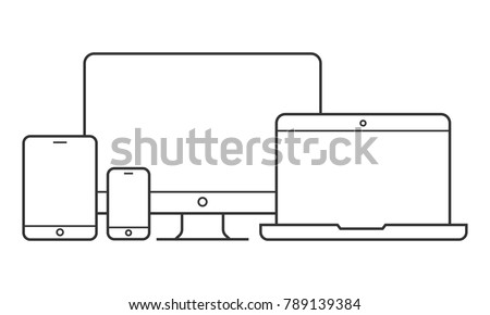 Device and gadget line art set. Laptop, smartphone, modern portable and compact personal computer machines for home and office work. Vector line art device illustration Royalty-Free Stock Photo #789139384