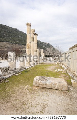 Marbe columns in the ancient city of Ephesus in Selcuk, Turkey