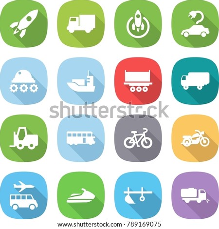 flat vector icon set - rocket vector, truck, electric car, lunar rover, sea shipping, fork loader, bus, bike, motorcycle, transfer, jet ski, plow, sweeper