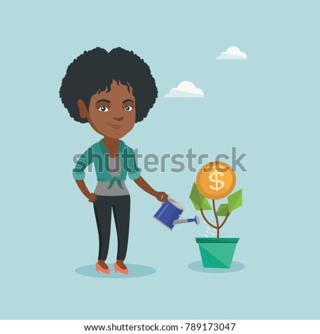 Young african-american business woman watering money flower with coin what symbolizes money investment in business project. Business investment concept. Vector cartoon illustration. Square layout.