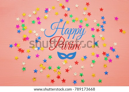 party background with colorful confetti. Top view