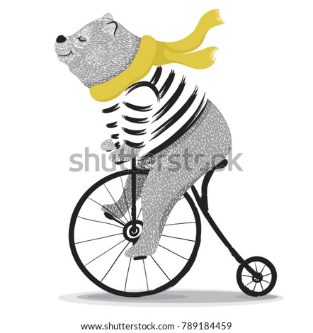 Cute bear with bicycle.Circus show illustration.T-shirt graphics 