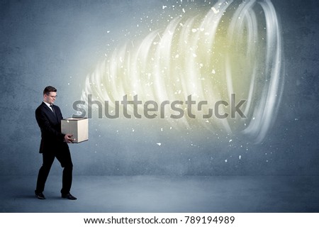 An illustrated powerful whirlwind escaping, coming out of empty paper box held by elegant businessman concept.