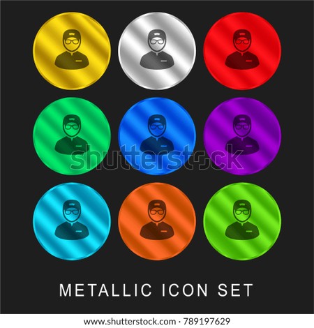 Technician with Glasses 9 color metallic chromium icon or logo set including gold and silver