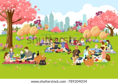 A vector illustration of People Having Picnic at the Park During Spring